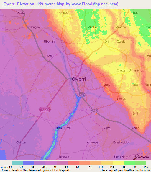 Owerri,Nigeria Elevation Map