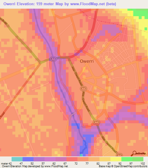 Owerri,Nigeria Elevation Map