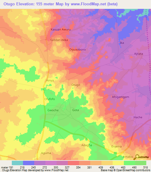 Otugo,Nigeria Elevation Map