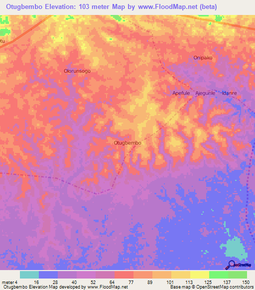 Otugbembo,Nigeria Elevation Map