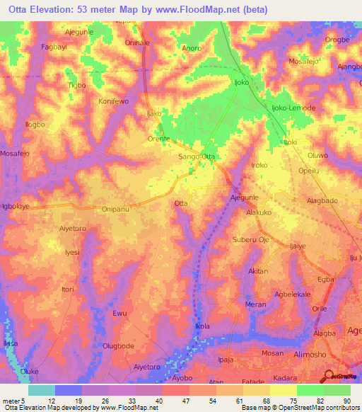 Otta,Nigeria Elevation Map