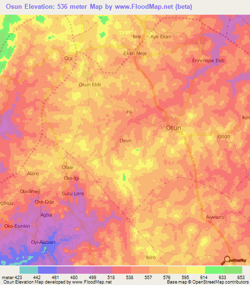 Osun,Nigeria Elevation Map