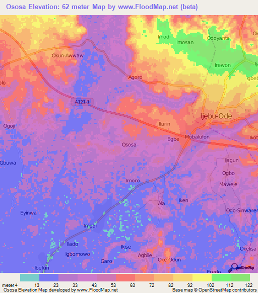 Ososa,Nigeria Elevation Map