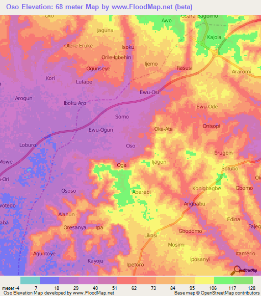 Oso,Nigeria Elevation Map