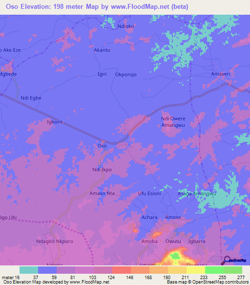 Oso,Nigeria Elevation Map