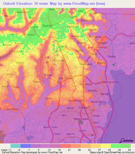 Oshodi,Nigeria Elevation Map