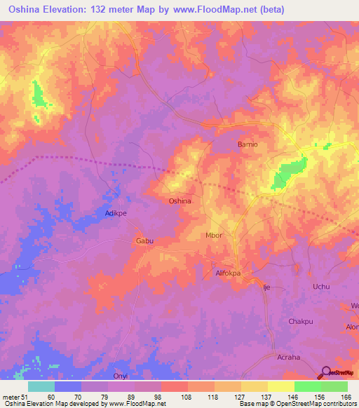 Oshina,Nigeria Elevation Map