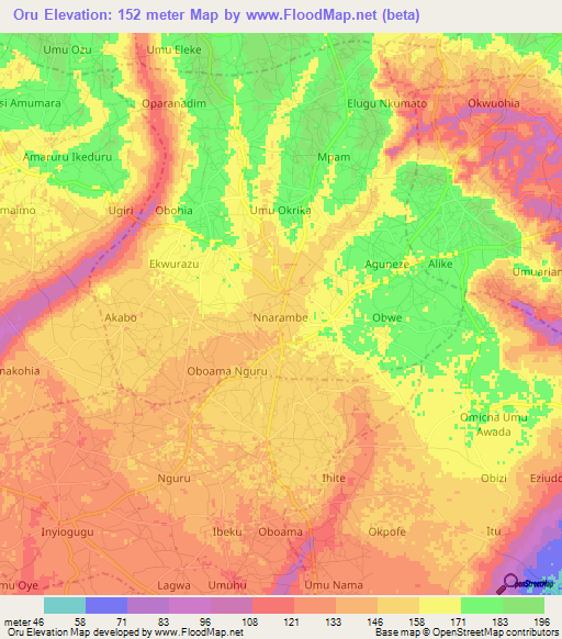 Oru,Nigeria Elevation Map