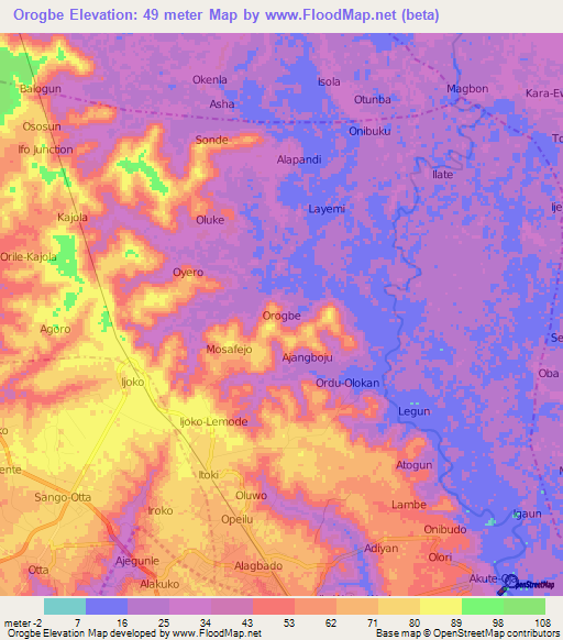 Orogbe,Nigeria Elevation Map