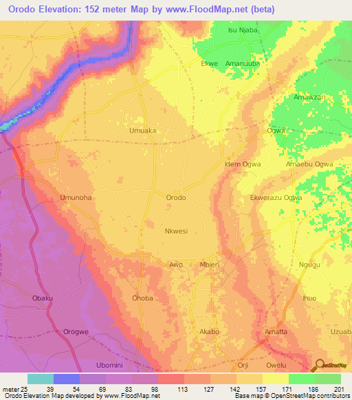 Orodo,Nigeria Elevation Map