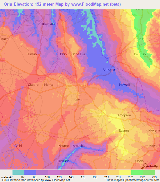 Orlu,Nigeria Elevation Map