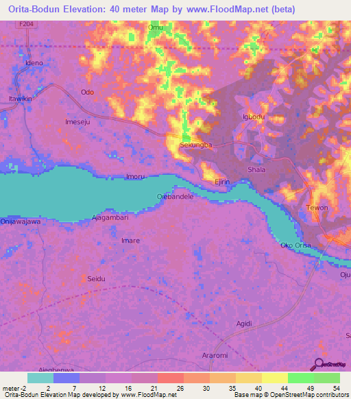 Orita-Bodun,Nigeria Elevation Map