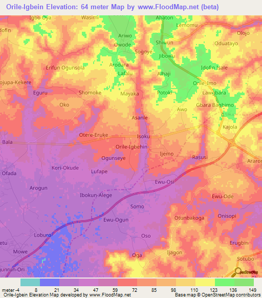 Orile-Igbein,Nigeria Elevation Map