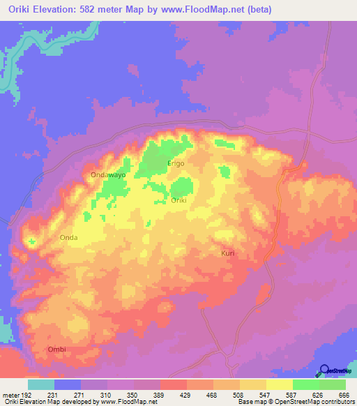 Oriki,Nigeria Elevation Map