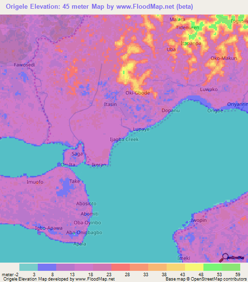 Origele,Nigeria Elevation Map