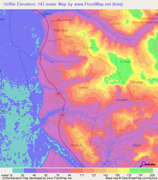 Orifite,Nigeria Elevation Map