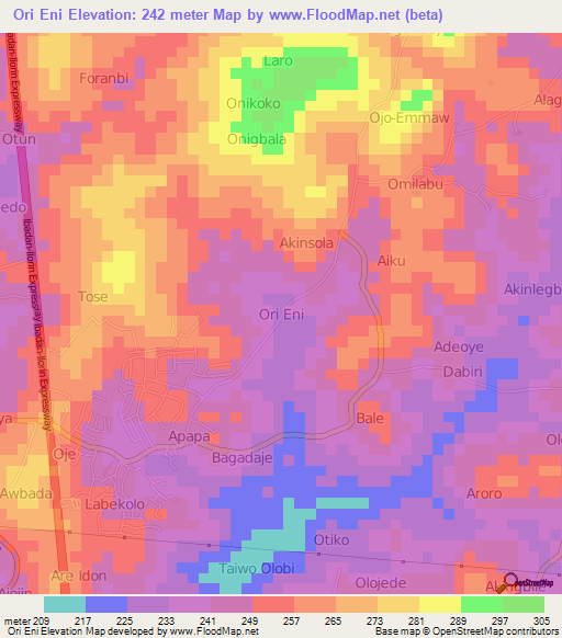 Ori Eni,Nigeria Elevation Map