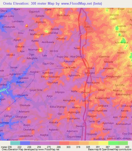 Oretu,Nigeria Elevation Map