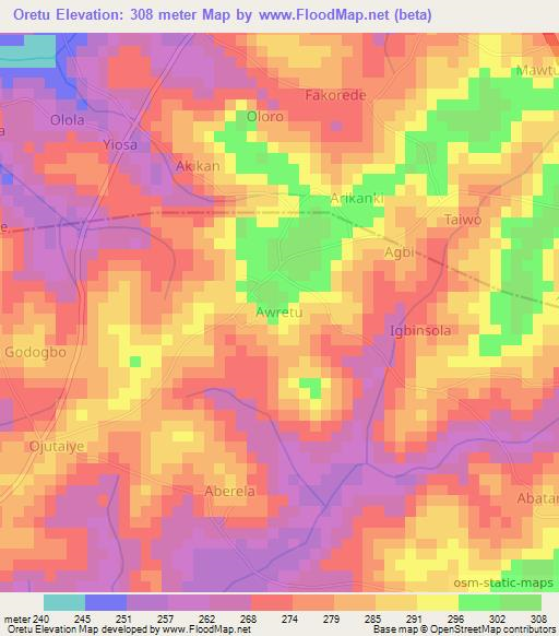 Oretu,Nigeria Elevation Map