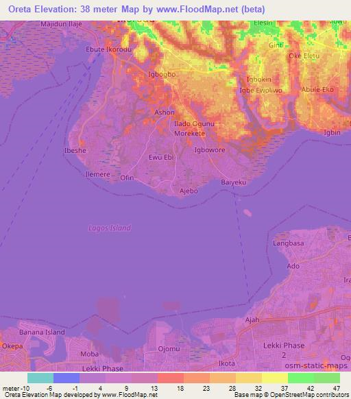 Oreta,Nigeria Elevation Map