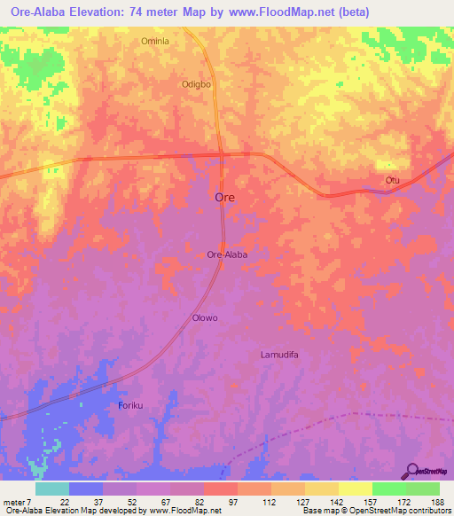 Ore-Alaba,Nigeria Elevation Map