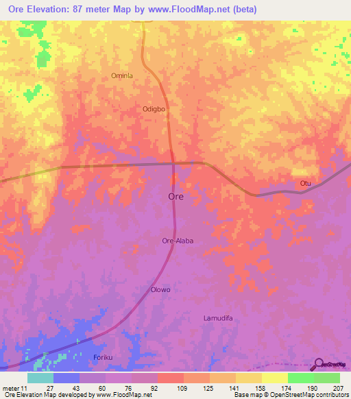 Ore,Nigeria Elevation Map