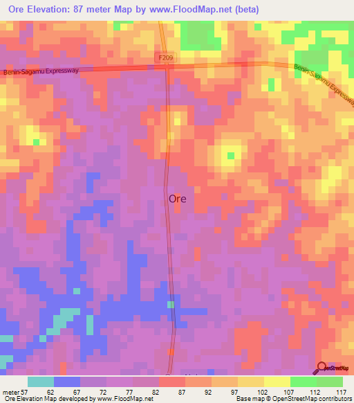 Ore,Nigeria Elevation Map