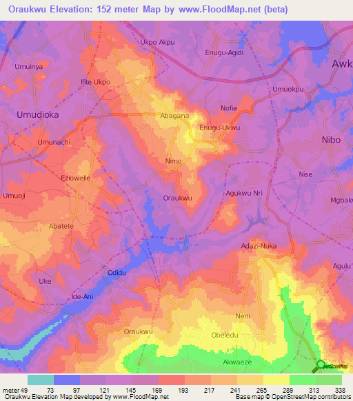 Oraukwu,Nigeria Elevation Map