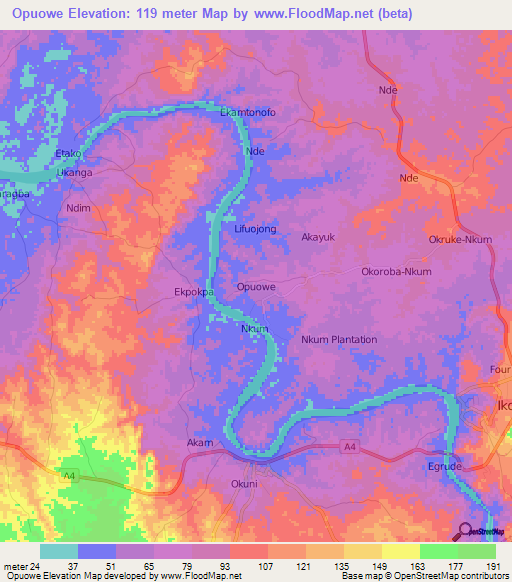 Opuowe,Nigeria Elevation Map