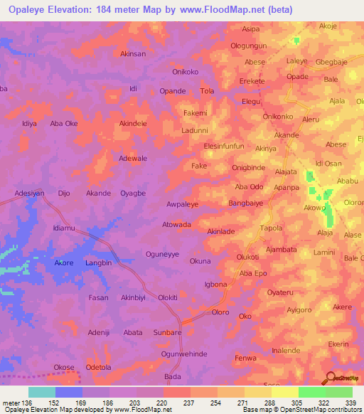 Opaleye,Nigeria Elevation Map