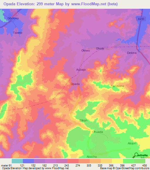 Opada,Nigeria Elevation Map