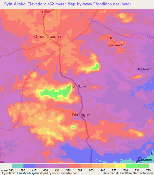 Oyin Akoko,Nigeria Elevation Map