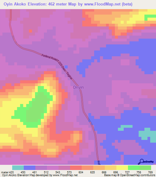 Oyin Akoko,Nigeria Elevation Map