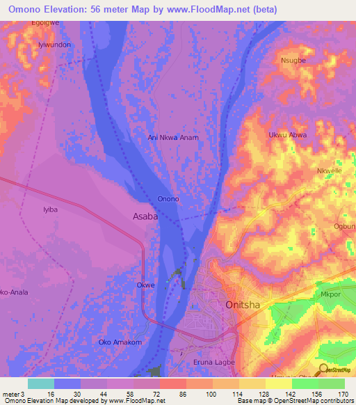 Omono,Nigeria Elevation Map