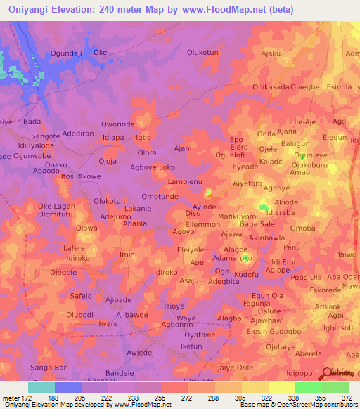 Oniyangi,Nigeria Elevation Map