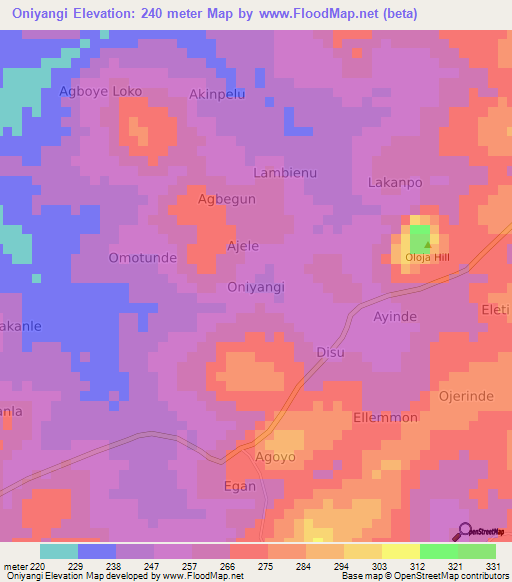 Oniyangi,Nigeria Elevation Map