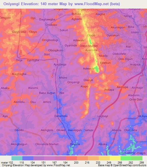 Oniyangi,Nigeria Elevation Map