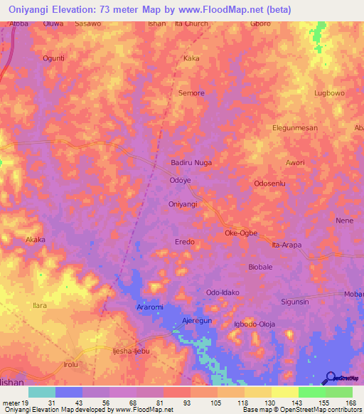 Oniyangi,Nigeria Elevation Map