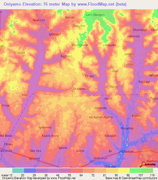 Oniyamo,Nigeria Elevation Map