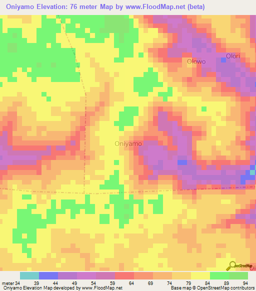 Oniyamo,Nigeria Elevation Map