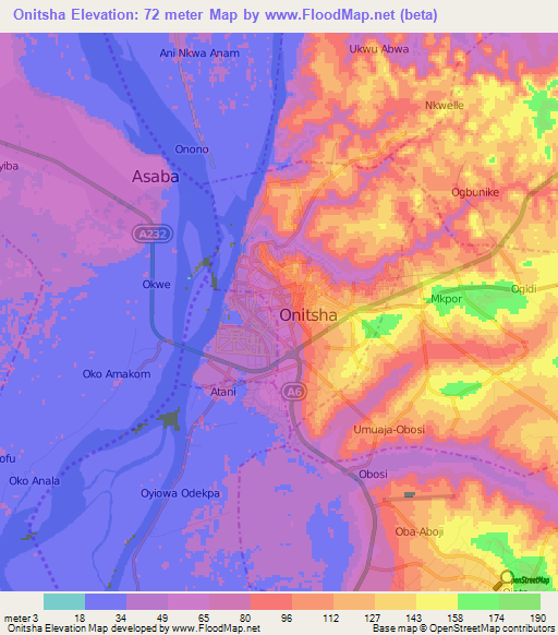 Onitsha,Nigeria Elevation Map