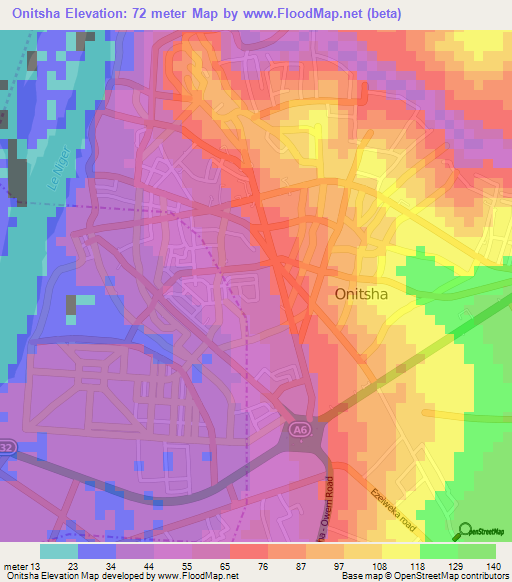 Onitsha,Nigeria Elevation Map