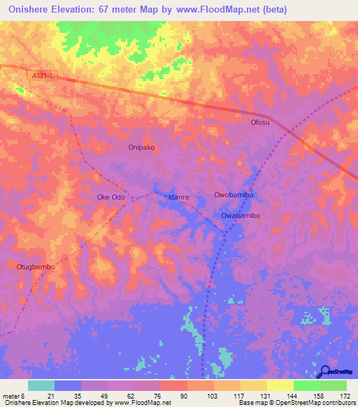 Onishere,Nigeria Elevation Map