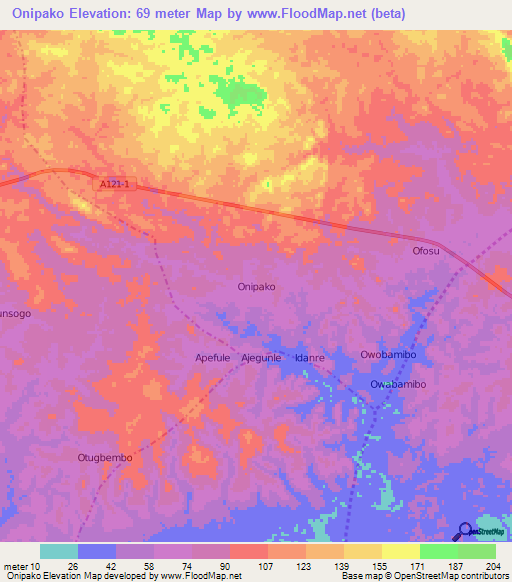 Onipako,Nigeria Elevation Map