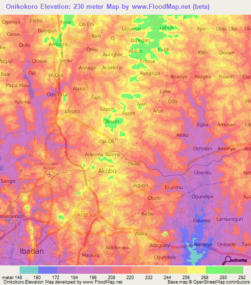 Onikokoro,Nigeria Elevation Map