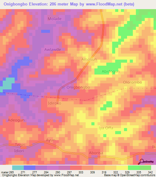 Onigbongbo,Nigeria Elevation Map