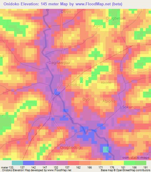 Onidoko,Nigeria Elevation Map