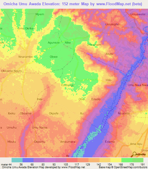 Omicha Umu Awada,Nigeria Elevation Map