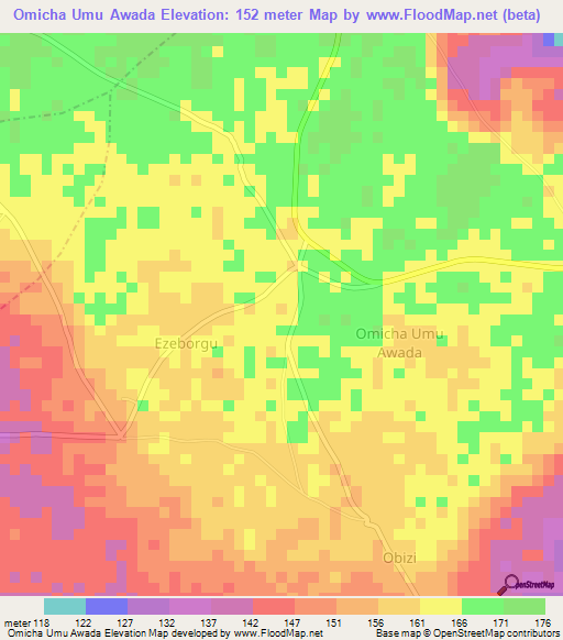 Omicha Umu Awada,Nigeria Elevation Map