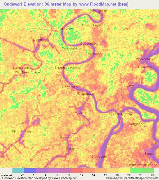 Ondewari,Nigeria Elevation Map